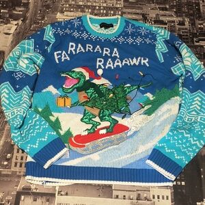 Festive Dinosaur Crewneck Sweater in Blue and Green